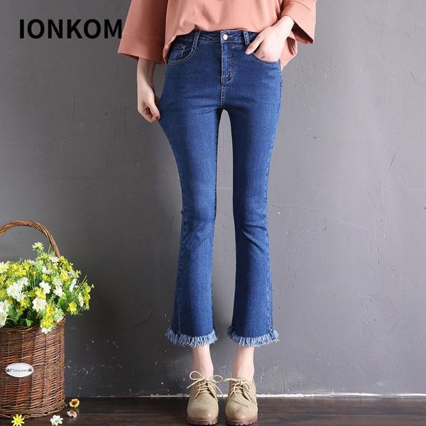 women's jeans ionkom high waist denim women stretch casual tassel flare hem pants button ripped female stretchy, Blue
women's jeans ionkom high waist denim women stretch casual tassel flare hem pants button ripped female stretchy, Blue