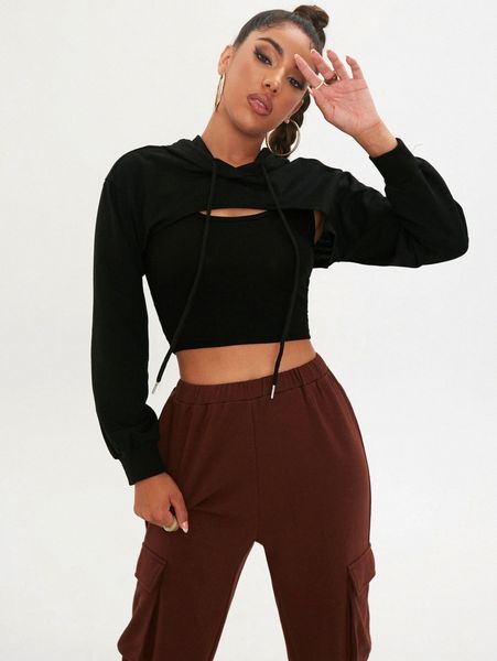 drawstring detail super crop hoodie without camisole f27s#, White;black
drawstring detail super crop hoodie without camisole f27s#, White;black