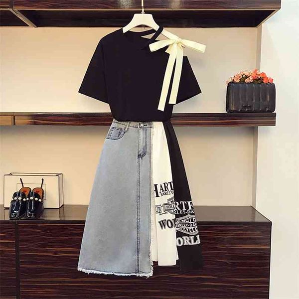 chic irregular letter print patchwork denim skirts two piece set women summer skew collar bow tshirt casual suits 210602, White
chic irregular letter print patchwork denim skirts two piece set women summer skew collar bow tshirt casual suits 210602, White