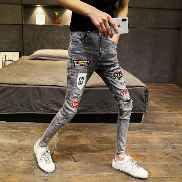 men's jeans spring 2021 products high craft embroidered patch korean slim pants trendy teenager pencil, Blue
men's jeans spring 2021 products high craft embroidered patch korean slim pants trendy teenager pencil, Blue