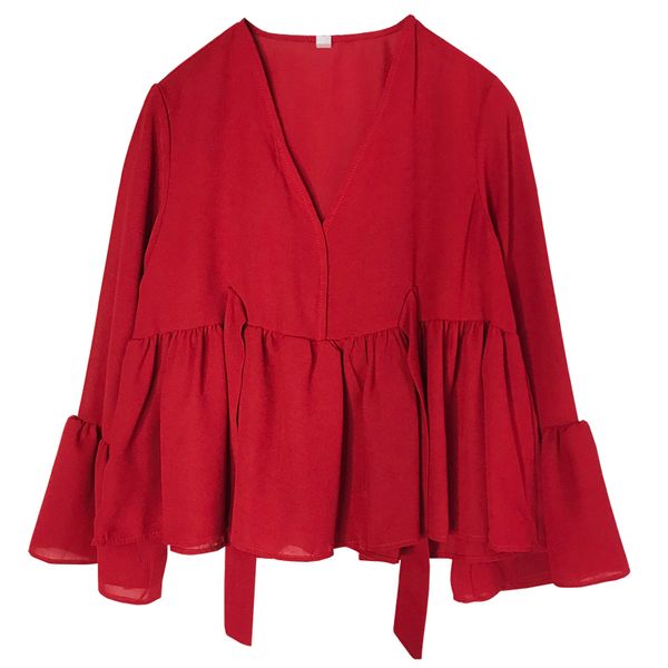 women red black v neck full sleeve solid high street blouse loose lace up fall autumn long flare b0190 210514, White
women red black v neck full sleeve solid high street blouse loose lace up fall autumn long flare b0190 210514, White