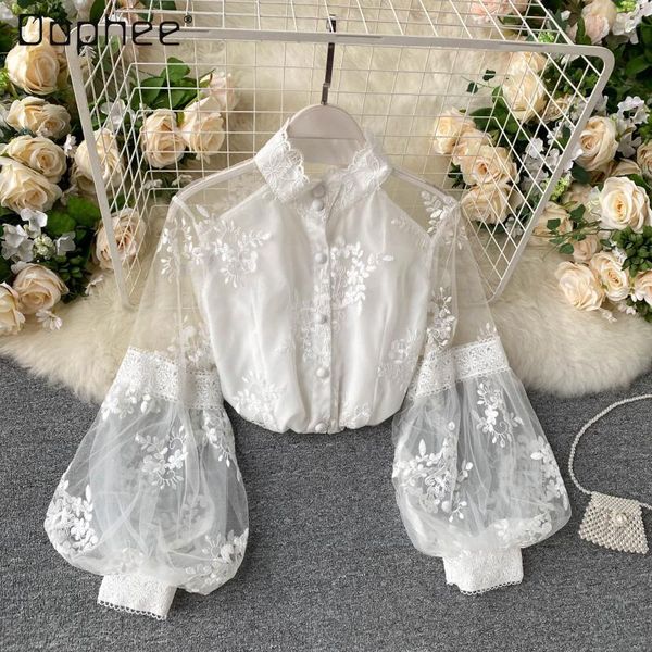 women's blouses & shirts 2021 spring retro mesh lace fairy stand collar embroidered puff sleeve court style slim shirt blouse, White
women's blouses & shirts 2021 spring retro mesh lace fairy stand collar embroidered puff sleeve court style slim shirt blouse, White
