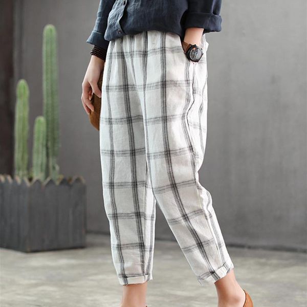 women's pants & capris johnature 2021 casual style cotton linen elastic waist ankle-length plaid pockets loose mid flat women harem spr, Black;white
women's pants & capris johnature 2021 casual style cotton linen elastic waist ankle-length plaid pockets loose mid flat women harem spr, Black;white