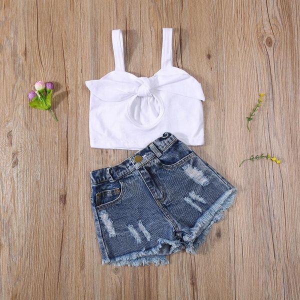 clothing sets 2pcs toddler baby girls summer outwear toddlers solid hollow knotted sleeveless suspender + ripped denim shorts trousers, White
clothing sets 2pcs toddler baby girls summer outwear toddlers solid hollow knotted sleeveless suspender + ripped denim shorts trousers, White