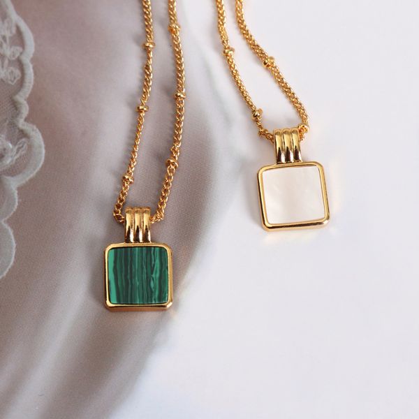 light luxury 18k gold plated square natural malachite shell m shell pendant necklace female, White
light luxury 18k gold plated square natural malachite shell m shell pendant necklace female, White