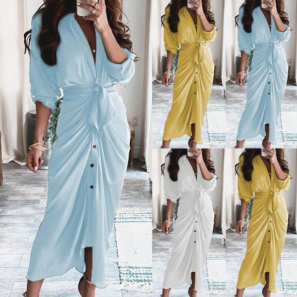 casual dresses fashion women's summer full sleeve solid button fork opening dress 2021 veshjet e modës, Black;gray
casual dresses fashion women's summer full sleeve solid button fork opening dress 2021 veshjet e modës, Black;gray