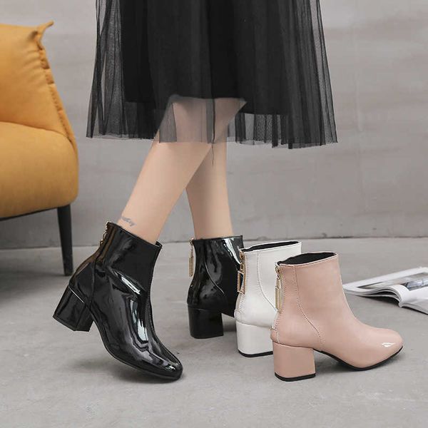 square toe short boots women's middle heel painted leather boots large back zipper white, Black
square toe short boots women's middle heel painted leather boots large back zipper white, Black