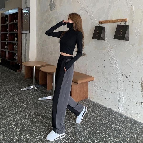 women's pants & capris official figure autumn and winter leisure high waist drooping color contrast patchwork, Black;white 
women's pants & capris official figure autumn and winter leisure high waist drooping color contrast patchwork, Black;white