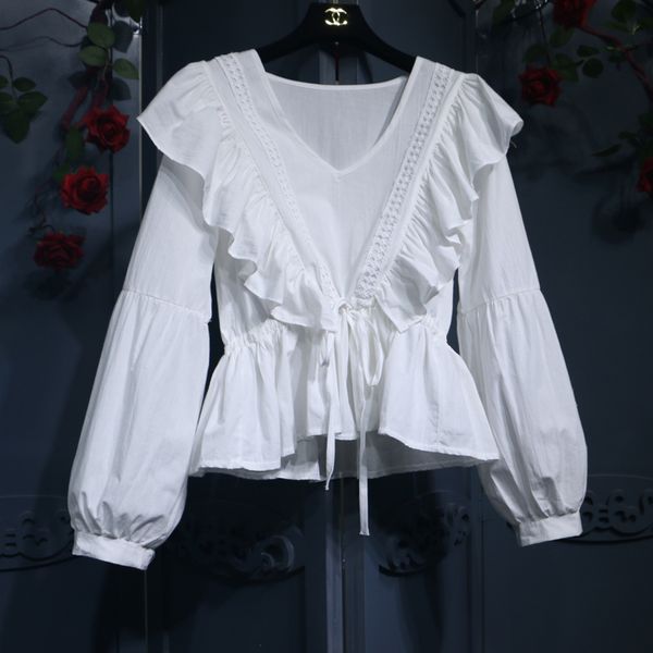 sweet temperament v-neck loose-fitting peasant blouse hollow out lace lantern sleeve ruffled waist hem shirt, White
sweet temperament v-neck loose-fitting peasant blouse hollow out lace lantern sleeve ruffled waist hem shirt, White