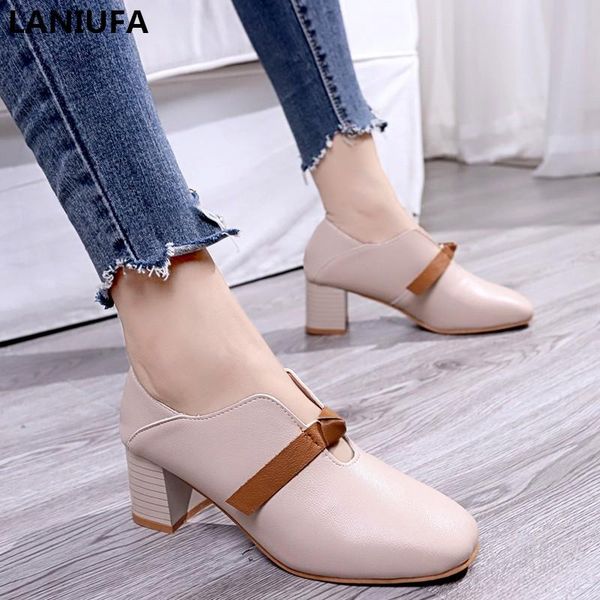 dress shoes women high heels platform round toe slip on single pumps square work woman mujer, Black