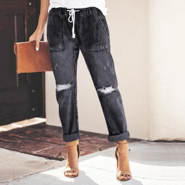 women's jeans elastic waist women distressed ripped denim drawstring long pants, Blue
women's jeans elastic waist women distressed ripped denim drawstring long pants, Blue