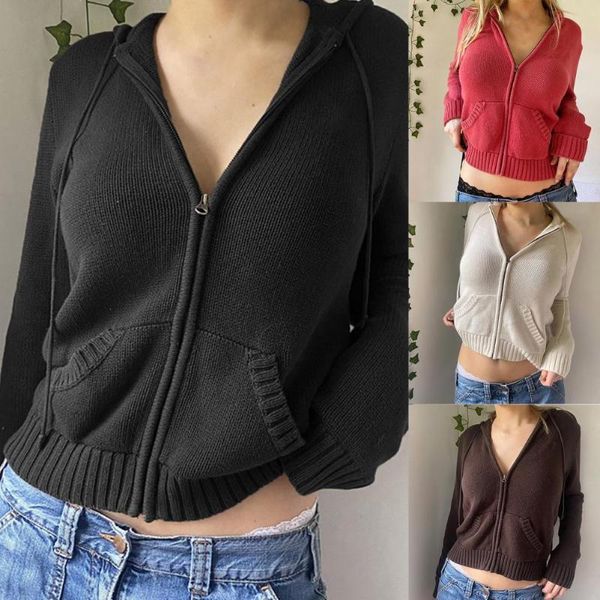 women's knits & tees zipper closure sweater cardigan long sleeve solid color hooded short type knitted coat outerwear, White
women's knits & tees zipper closure sweater cardigan long sleeve solid color hooded short type knitted coat outerwear, White