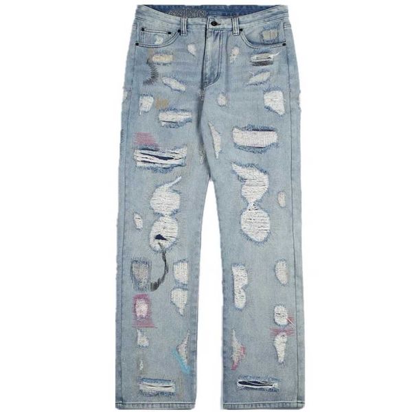 men's jeans 2020 chaopai high street english embroidered holes and ragged jeans men's knife cut pants, Blue
men's jeans 2020 chaopai high street english embroidered holes and ragged jeans men's knife cut pants, Blue
