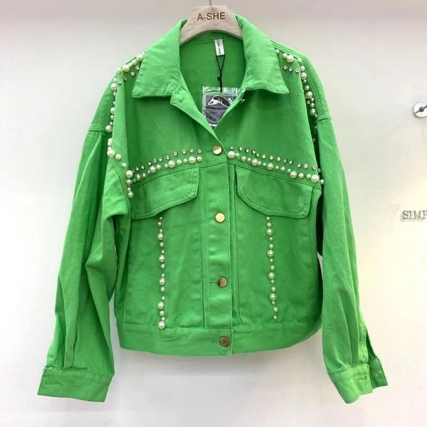 women's jackets women green denim jacket rose red autumn 2021 long sleeve pearl beaded diamond lapel loose casual jeans female white co, Black;brown
women's jackets women green denim jacket rose red autumn 2021 long sleeve pearl beaded diamond lapel loose casual jeans female white co, Black;brown