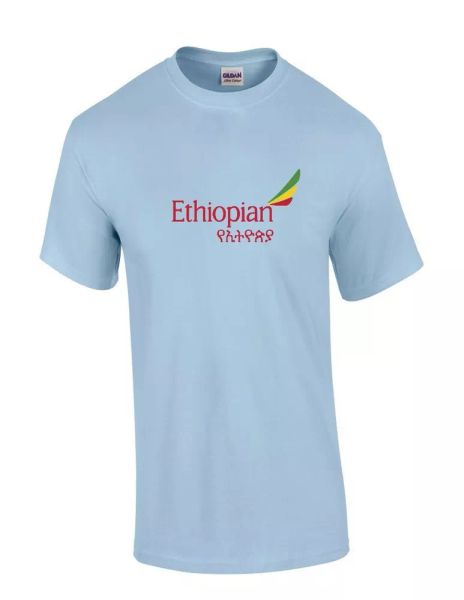 ethiopian airlines red yellow green logo light blue cotton t-shirt, White;black
ethiopian airlines red yellow green logo light blue cotton t-shirt, White;black