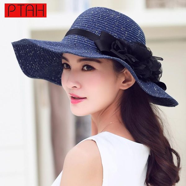 women summer sunscreen foldable wide large brim beach tour straw sun hats for ladies elegant strohhu114, Blue;gray
women summer sunscreen foldable wide large brim beach tour straw sun hats for ladies elegant strohhu114, Blue;gray