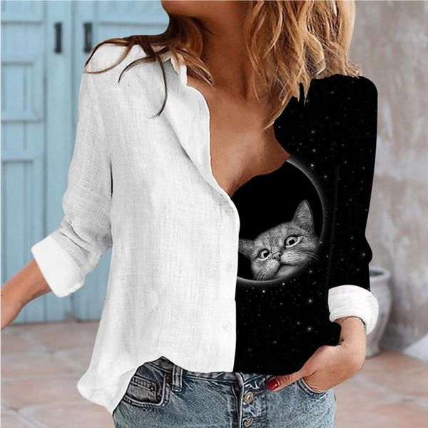 women's blouses & shirts vintage shirt blouse women long sleeve turn down collar buttons cat printed patchwork ladies casual, White
women's blouses & shirts vintage shirt blouse women long sleeve turn down collar buttons cat printed patchwork ladies casual, White