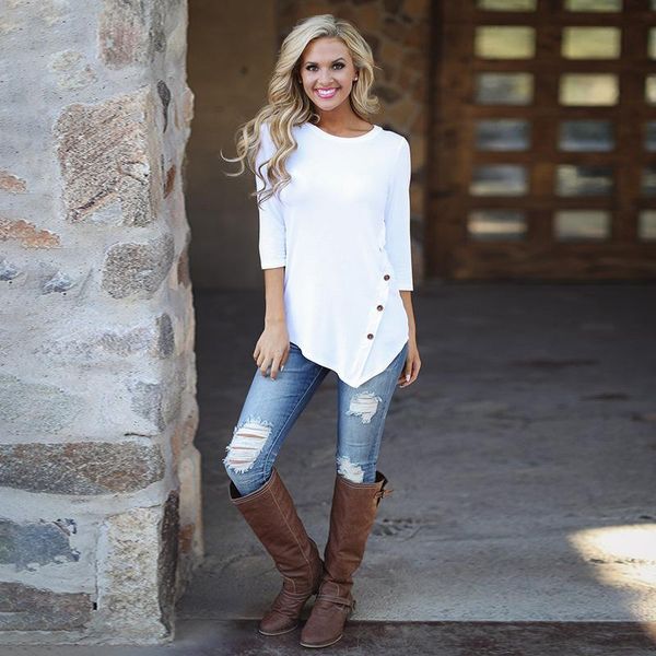 women's t-shirt autumn and winter simple irregular long-sleeved buttons pure color casual fashion em*, White
women's t-shirt autumn and winter simple irregular long-sleeved buttons pure color casual fashion em*, White