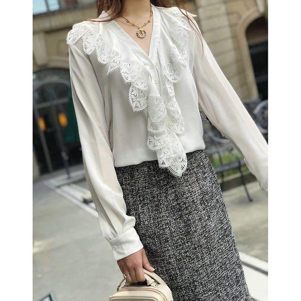 women's blouses & shirts sale women elegant lace ruffle big v-neck 2021 spring summer female casual office lady blusas, White
women's blouses & shirts sale women elegant lace ruffle big v-neck 2021 spring summer female casual office lady blusas, White