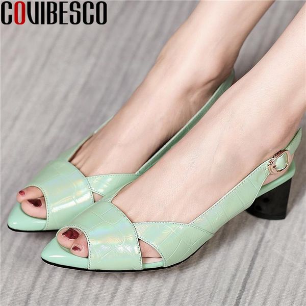 sandals covibesco fashion concise spring summer women peep toe genuine leather office lady casual shallow high heels shoes woman, Black
