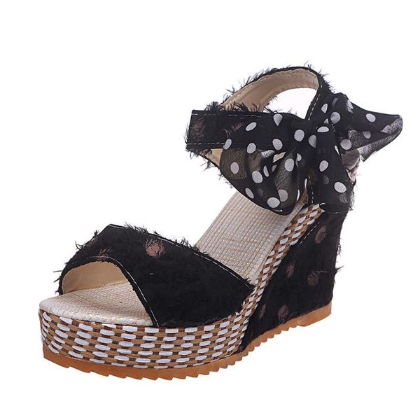 women high heel outdoor sandals casual wedges platform slides peep toe beach polka dot cloth t-strap lace-up shoes, Black
women high heel outdoor sandals casual wedges platform slides peep toe beach polka dot cloth t-strap lace-up shoes, Black