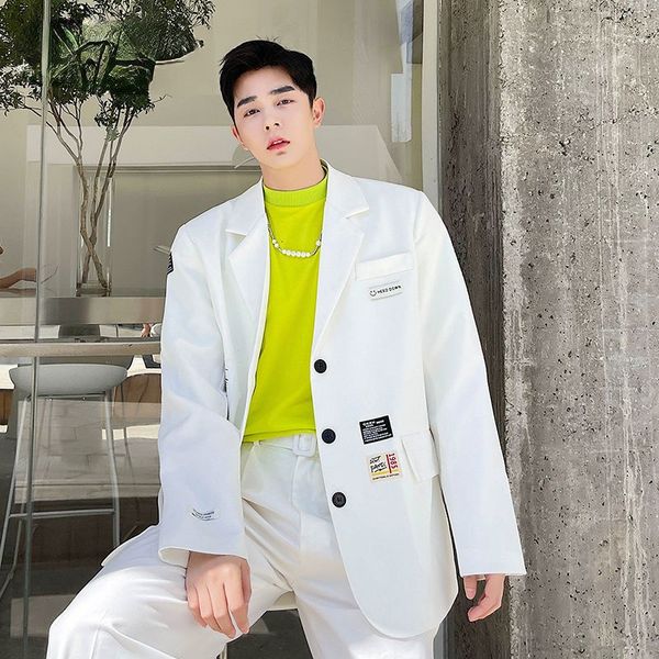 021 new casual clothing men's white suit coat korean streetwear handsome label design single breasted white blazer 9y6793, White;black
021 new casual clothing men's white suit coat korean streetwear handsome label design single breasted white blazer 9y6793, White;black