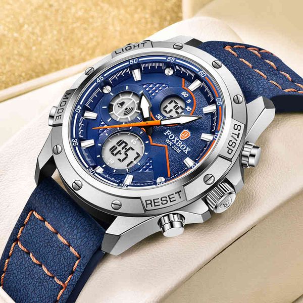 2021 new dual display watches luxury sport waterproof quartz electronic watch for men fashion leather luminous chronograph, Slivery;brown