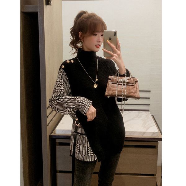 women's sweaters women houndstooth shredded pullovers women's jersey full sleeve half a turtleneck korean buttons office sweaters, White;black