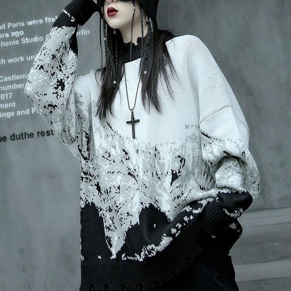 women's sweaters hip-hop korean streetwear art stitching knitted sweater oversized loose casual autumn and winter long-sleeved pullover, White;black
women's sweaters hip-hop korean streetwear art stitching knitted sweater oversized loose casual autumn and winter long-sleeved pullover, White;black