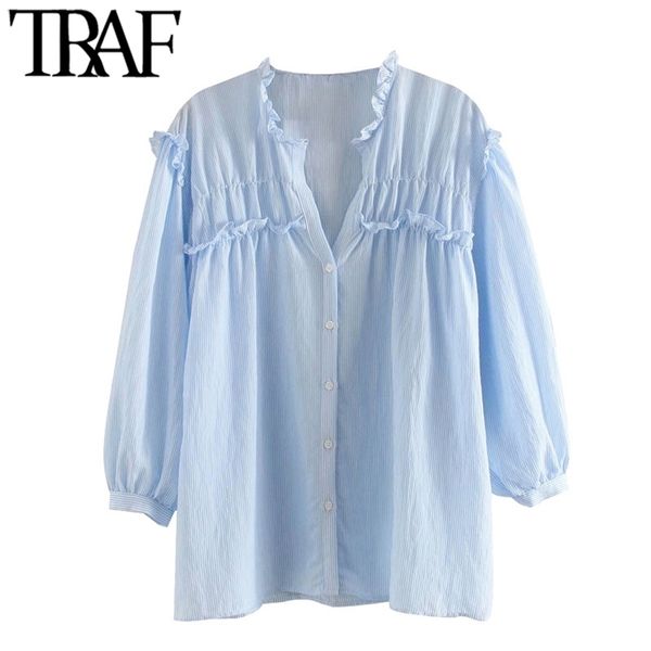 women sweet fashion striped ruffled blouses vintage v neck three quarter sleeve female shirts blusas chic 210507, White
women sweet fashion striped ruffled blouses vintage v neck three quarter sleeve female shirts blusas chic 210507, White