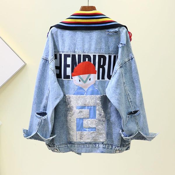 women's jackets fashion sequins cartoon cute printing long sleeve jacket female casual denim coat women knit collar outwear hole femme, Black;brown
women's jackets fashion sequins cartoon cute printing long sleeve jacket female casual denim coat women knit collar outwear hole femme, Black;brown