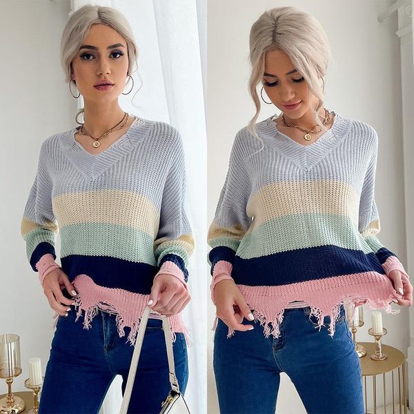women's sweaters 2021 autumn long sleeve bottomed color stripe v-neck knitted hole sweater, White;black
women's sweaters 2021 autumn long sleeve bottomed color stripe v-neck knitted hole sweater, White;black