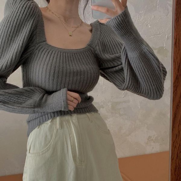 women's sweaters knitted sweater vintage square collar solid winter puff sleeve pullover for women slim korean fashion clothing, White;black
women's sweaters knitted sweater vintage square collar solid winter puff sleeve pullover for women slim korean fashion clothing, White;black