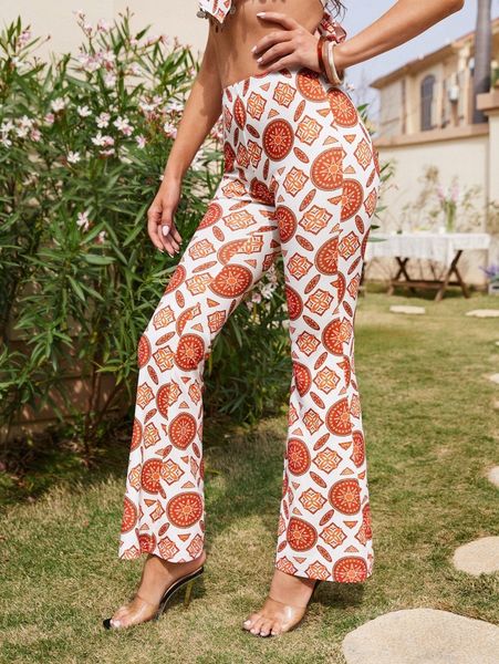 graphic print flare leg pants k98x#, Black;white