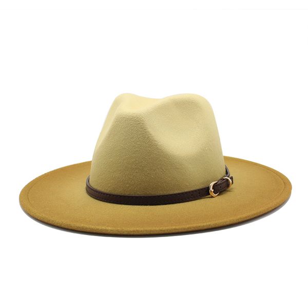 two-color gradient wool felt fedora hats with thin belt buckle men women large brim panama trilby jazz cap, Blue;gray
two-color gradient wool felt fedora hats with thin belt buckle men women large brim panama trilby jazz cap, Blue;gray