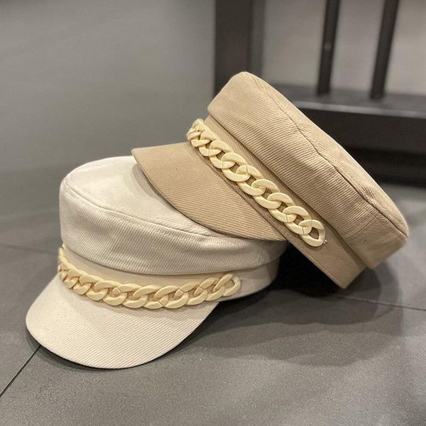 stingy brim hats chain cap for woman lady solid color military retro british spring autumn casquette hat korean fashion cool, Blue;gray
stingy brim hats chain cap for woman lady solid color military retro british spring autumn casquette hat korean fashion cool, Blue;gray