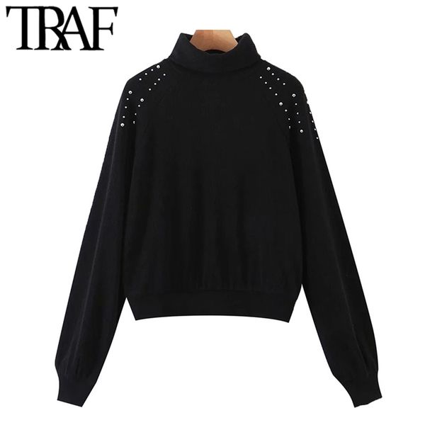 women fashion rivets appliques knitted sweater vintage high neck long sleeve female pullovers chic 210507, White;black
women fashion rivets appliques knitted sweater vintage high neck long sleeve female pullovers chic 210507, White;black