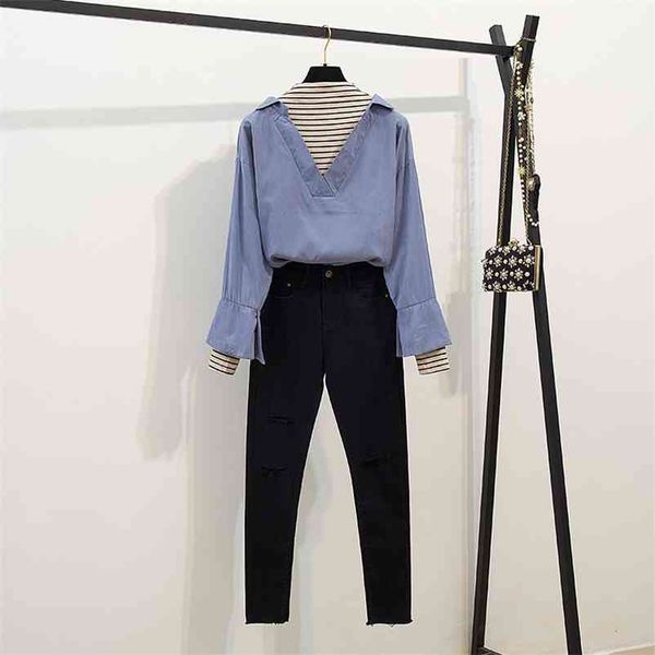 autumn women long sleeves stripe patchwork high neck shirts + slim hole pants 2 pcs sets girls casual suits a1765 210519, White
autumn women long sleeves stripe patchwork high neck shirts + slim hole pants 2 pcs sets girls casual suits a1765 210519, White