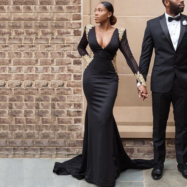 dubai black mermaid evening dresses long sleeves deep v neck sweep train elastic prom party gowns with gold applique, Black;red
dubai black mermaid evening dresses long sleeves deep v neck sweep train elastic prom party gowns with gold applique, Black;red