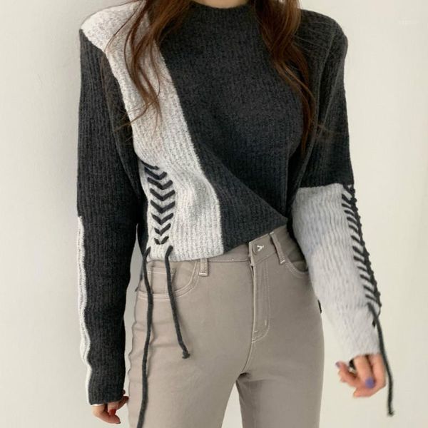 women's knitting pullover sweaters patchwork o-neck lace up pit knitted jumpers office lady korean style clothing autumn winter, White;black
women's knitting pullover sweaters patchwork o-neck lace up pit knitted jumpers office lady korean style clothing autumn winter, White;black