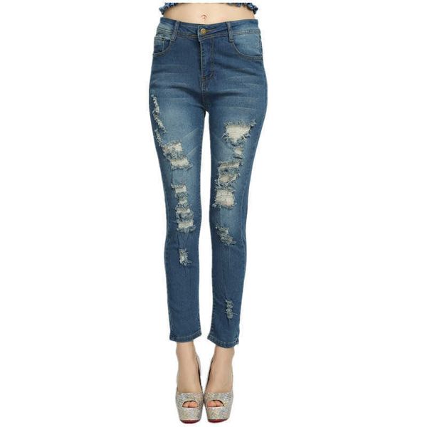 women's jeans fashion stretch pierced pencil leggings women, Blue