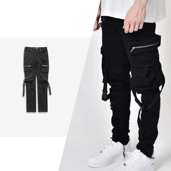 men's pants focus on autumn winter multi-pocket buckle ribbon function couples small foot jeans, Black
men's pants focus on autumn winter multi-pocket buckle ribbon function couples small foot jeans, Black