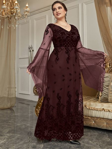 plus plant print flounce sleeve mesh prom dress g14u#, Black 
plus plant print flounce sleeve mesh prom dress g14u#, Black