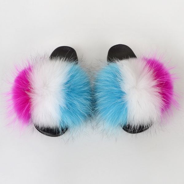 ladies luxury raccoon brand fur slides fur slippers for women, Black