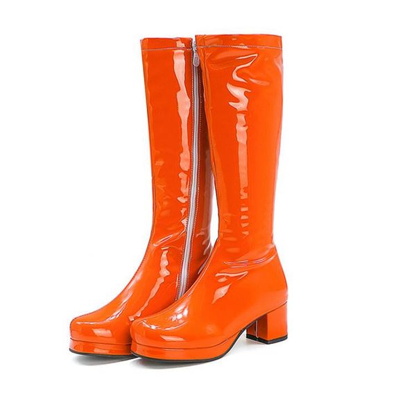 boots autumn and winter thick heel middle women's patent leather high tube square head white side zipper steel, Black
boots autumn and winter thick heel middle women's patent leather high tube square head white side zipper steel, Black