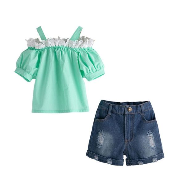 clothing sets girls clothes set summer child baby lace off shoulder t-shirt + ripped denim shorts 2pcs kids outfits 3-8 years, White
clothing sets girls clothes set summer child baby lace off shoulder t-shirt + ripped denim shorts 2pcs kids outfits 3-8 years, White