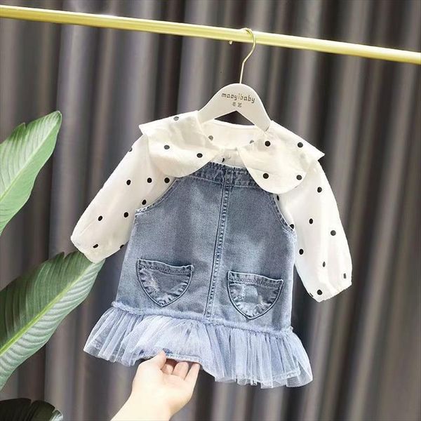 girls dress winter long sleeve clothes coat 2pcs children set dot shirt braces skirt, White
girls dress winter long sleeve clothes coat 2pcs children set dot shirt braces skirt, White