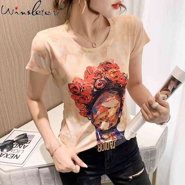 women's t-shirt summer european clothes fashion elegant women print rose short sleeve bottoming shirt all match tees t15709a, White