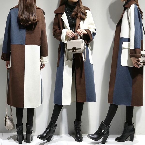 women's wool & blends autumn and winter long woolen coat loose large size stitching was thin over the knee, Black
women's wool & blends autumn and winter long woolen coat loose large size stitching was thin over the knee, Black
