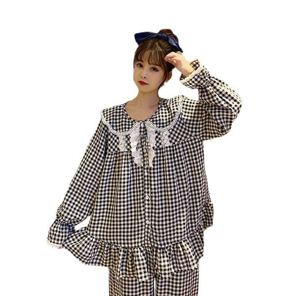 spring and autumn sweet lace plaid long sleeve cotton pyjamas set for women's home wear sleepwear, Black;red
spring and autumn sweet lace plaid long sleeve cotton pyjamas set for women's home wear sleepwear, Black;red